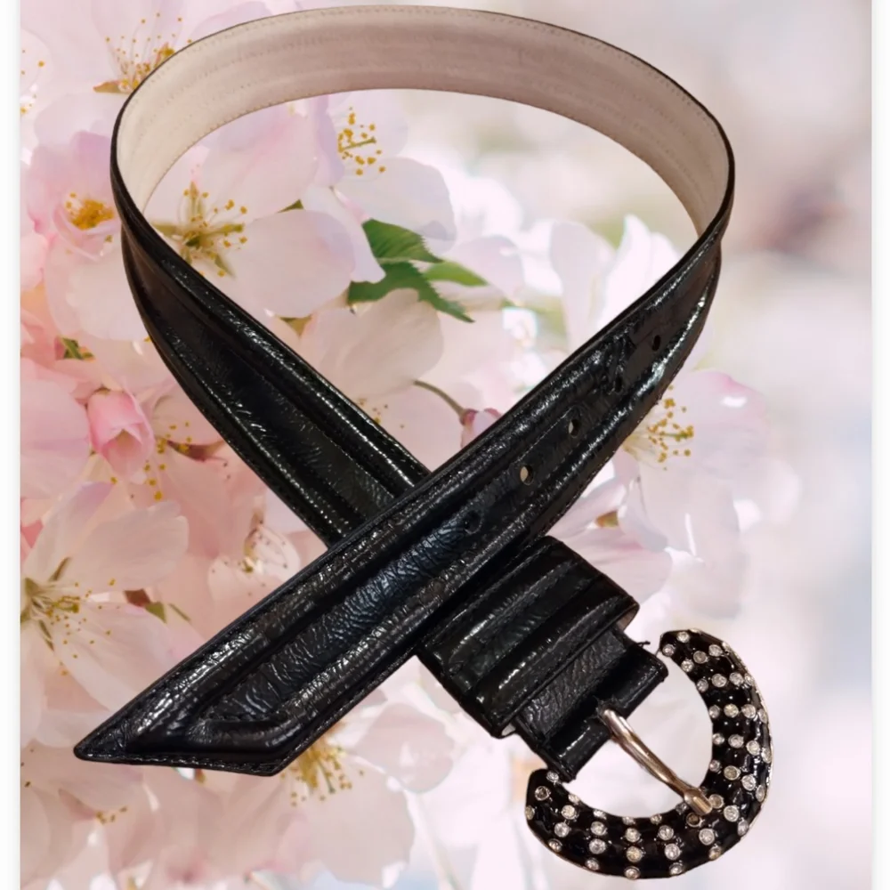 Betsy Johnson Black Patent Leather Belt With Rhinestone Buckle Size M